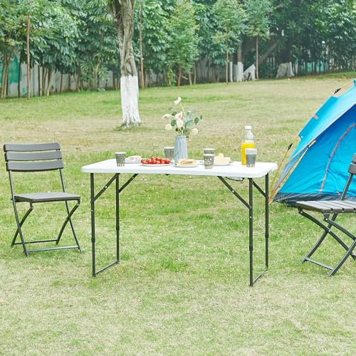 [en.casa] Mesa Camping Altura Regulable en 3 Posiciones 54/74/ 90 cm Mesa Plegable Exterior de Jardín con Asa para Eventos Acampada Terraza Rectangular Metal Plástico 120x60 cm - Blanco