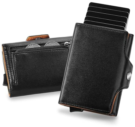 SENDEFN Geldbörse Herren Leder | Portemonnaie Herren mit Münzfach & RFID Schutz | Slim Wallet Kreditkartenetui | Pop-up-Kartenetui aus Aluminium für 7 Karten