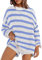 Panadila Gestreiftes Damen-Pullover-Set, übergroße Lounge-Sets, passender Pyjama, langärmelig, Pullover, Oberteil und Shorts, Hellblau-Kombi, Small