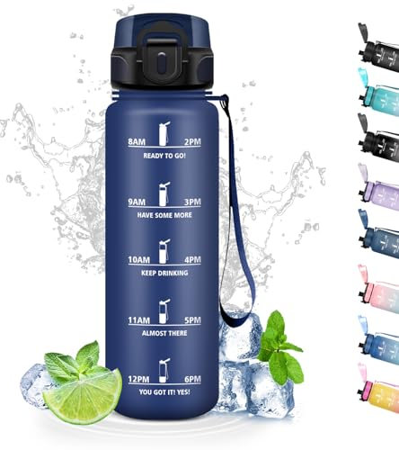 Borraccia, 500ml Borraccia Bambini, Borraccia Filtrante Senza Perdite, Borraccia per Bere di Piu, Facile da Pulire, Borraccia Motivazionale con Scala Temporale, per Scuole, Uffici, Campeggi, Blu Navy