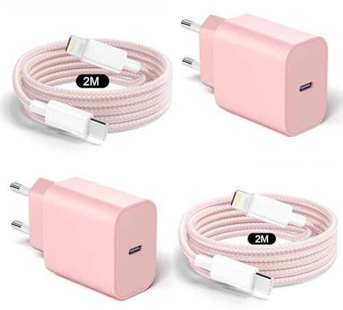 Caricatore per iPhone 14/13/12/11, USB-C 20W, Cavo Light-ning 2M 2 Set, Caricabatterie Rapido Adattatore Spina, per Samsung, iPhone Pro/Pro Max/Plus - Rosa