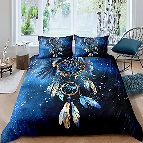 Tomifine Bettwäsche Traumfänger Blau Federn Muster Dreamcatcher Bettwäsche Set Microfaser Bettbezug mit Reißverschluss und Kissenbezug (135x200cm+80x80cmx2,Blau)