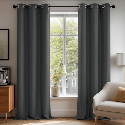 Deconovo Energy Saving Eyelet Curtains for Bedroom, Noise Reducing Thermal Blackout Curtains for Living Room, Super Soft Window Treatment, W38 x L84, Dark Grey, 2 Panels