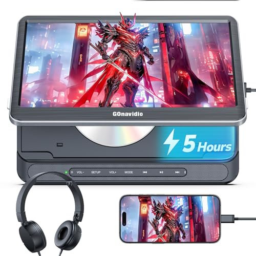GOnavidio 12'' Lecteur DVD Voiture pour Enfants avec entrée HDMI, Lecteur vidéo Portable équipé 5H Batterie, Support la Carte USB/TF, entrée et Sortie AV, décodage HD, sans région, dernière mémoire