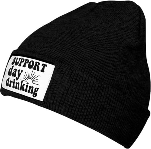 Oudrspo Schwarze Beanie-Strickmütze mit Aufschrift „I Support Drinking During The Day, Schwarze, warme, gemütliche Strickmütze