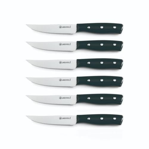 LAGUIOLE, Set de 6 Couteaux Steak 'Gleam' Noir - Lame Acier 3CR13, Poignée ABS Ergonomique, Tranchant Exceptionnel, Dureté 53 HRC, 22,3 cm, Finition Miroir, Noir