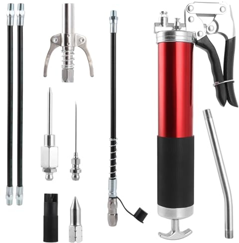 SHUESS Enhandsfettpress-set, 11 TLG 7000 PSI (400 cc), högtryck, fettpress för smörjnippel, enhandsfettpress-set med pistolhandtag, smörjpress för 400 g patroner inkl. flexslang, röd
