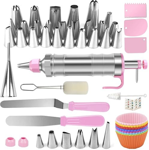 Boyun Dessert Decorating Syringe Set, Icing Piping Kit Stainless Steels Cake Decorating Tools 30 Piping Icing Nozzles Cupcake Decorating Kit - Pink