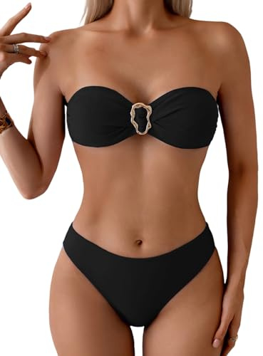 Tainehs Trägerloses Damen-Bikini-Set, Schlauch-Top, Bandeau-Badeanzug, Raffhalter, mittelhohe Taille, zweiteilige Badeanzüge, Schwarz, S