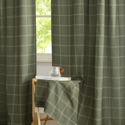 PONY DANCE Linen Curtains for Living Room Ösenschal 2er Set H 245 x B 132 cm Leinen Gardinen mit Muster Wohnzimmer Vorhang Leinenoptik Halbtransparente Leinenvorhänge, Salbeigrün