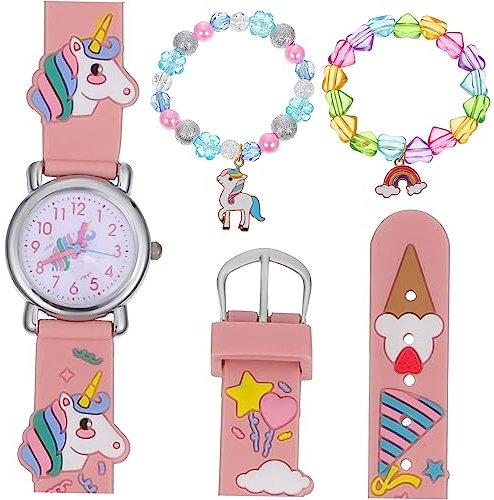KICHOUSE Satz Einhorn-Uhrenset kinderuhren Armbanduhr watsch Uhr kiddy Watch kinderwatchuhr Watch Schmuckset Uhr und Armband Armbanduhrarmband Kieselgel