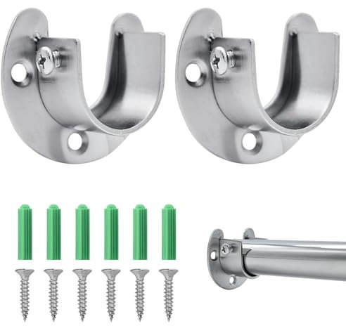 Wardrobe Rail Bracket 2Pcs Wardrobe Pole Brackets 25 mm Stainless Steel Closet Pole Sockets Heavy Duty Curtain Pole Brackets U Shaped Closet Rod End Supports with Screws for Wardrobe Shower Curtain