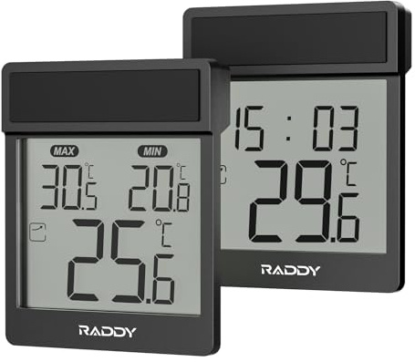 Raddy WT-1 Outdoor Window Thermometer, IP44 Waterproof Indoor Outdoor Temperature Gauge with Clear LCD Display, Max/Min Record, Easy Stick-on Mount, Battery Powered for Home Greenhouse (Black)