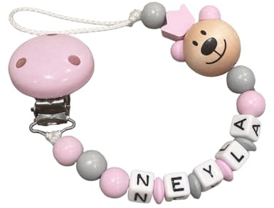 Schnullerband mit Namen für für Mädchen oder Junge Baby Geschenk personalisiert zur Geburt & Taufe 3D Bär & Krone in Blau oder Rosa (Rosa)
