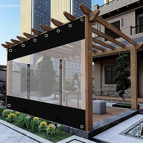 Cortinas de lona transparente resistentes para exteriores con puerta con cremallera, impermeable, de PVC, lona transparente negra para patio, pérgola, cenador, paneles laterales personalizables, 2 x