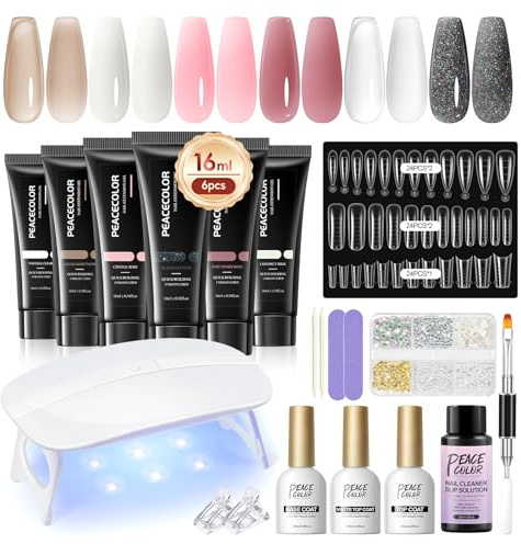 PEACECOLOR 24Pcs Poly Nail Gel Kit Starter Kit with Nail Lamp 6 Colors Pink Nude Black Poly Nail Extension Gel with 3Pcs Glossy/Matte Top Coat Nail Rhinestones DIY Home Gifts for Women