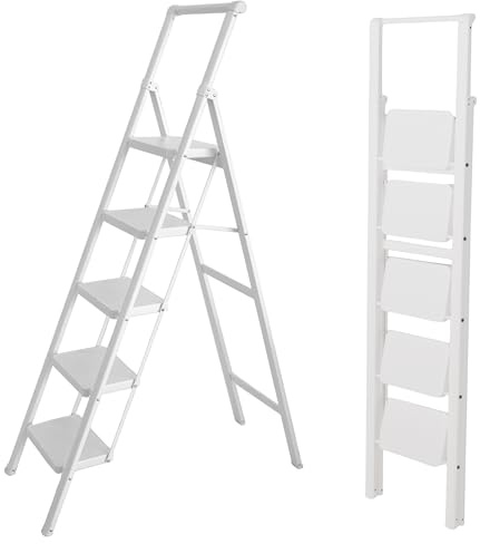 UABA Escalera Plegable 5 peldaños Blanca, Liviana y Estable, peldaños Anchos Antideslizantes, EN 131 150 kg