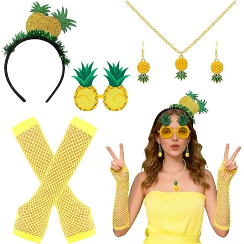 BrKern 6 Stück Ananas Kostüm Set, Hawaii Kostüm Set, Ananas Krone Gläser Ohrringe Halskette, Fischnetz Handschuhe, Hawaiianische Kopfbedeckung for Ananas Party