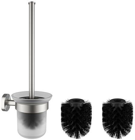 FORIOUS Toilettenbürste mit Verlängertem Edelstahlgriff Wandmontage | 304 Edelstahl WC Bürste/WC Bürstengarnitur,Klobürste Wandmontage aus Edelstahl + Glas, mit Halter & 2 Bürstenköpfen