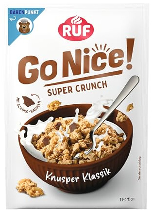 RUF GoNice! Super Crunch Knusper Klassik Müsli, crunchy Granola mit geraspelter Vollmilch Schokolade, 50 g Portionsbeutel