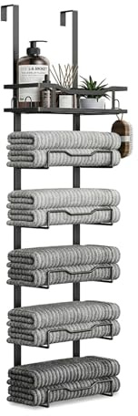 6-Tier Over Door Towel Rack, No Drill Bathroom Towel Storage Rack | with Shelf Basket, Wall Mounted Iron Towel Holder & Towel Rail, Space-Saving Organiser for Small Bathroom, Camper, RV