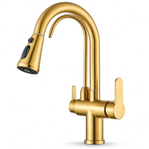 Ari 3-Wege Küchenarmatur Mit Ausziehbarer Brause Wasserhahn Küche Spültischarmatur Mischbatterie Gebürstetes Gold 360° Drehbar Zwei Strahlarten Nordic