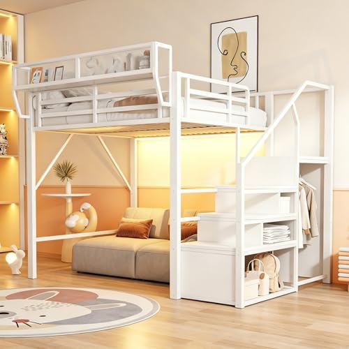 Merax Hochbett 140x200 cm mit LED-Lichtleiste, Sicherheitsleiter & flexiblem Stauraum, Erwachsenenbett aus Metall, platzsparendes Etagenbett für Kinder & Erwachsene, Weiß (ohne Matratze)