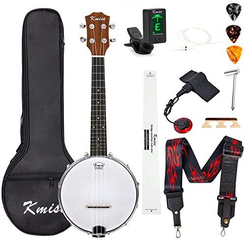 Kmise Banjolele in Konzertgröße, 58,4 cm, Sapeli, 4 Saiten, tragbare Mini-Banjo-Ukulele, mit Gigbag, Stimmgerät, Banjos-Gurt, Saiten, Piezo-Tonabnehmer, Plektren, Lineal, Schraubenschlüssel