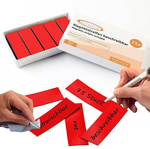 ECENCE Magnetstreifen beschreibbar 75 Stück - 60x20mm - abwischbare Magnetschilder - Magnet-Etiketten zuschneidbar für Whiteboards, Kühlschränke, Magnettafeln - Rot