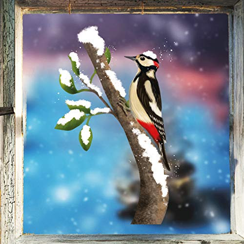 Fensterbild Winter Specht Vogel winterlich wiederverwendbar Weihnachten