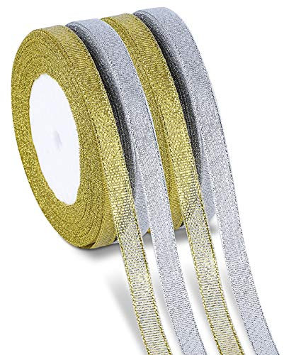 100m 4 Rollen Organzaband Geschenkband Dekoband Schleifenband Bänder für Weihnachten Dekoration (Gold, Splitter)