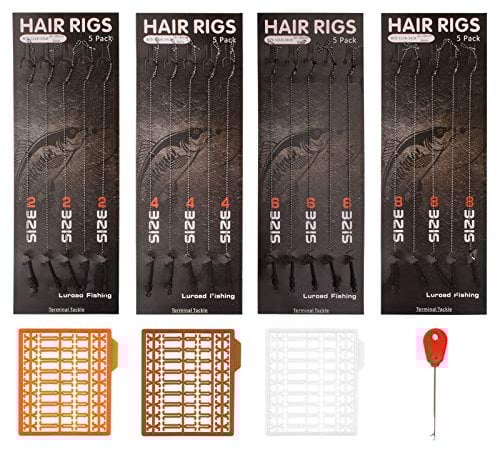 Luroad Carp Fishing Hair Rigs, 20 Pcs Curved Barbless Carp Hook Anti-Tangle Swivel Braided Thread line with 3 Card Boilie Bait Stops Dumbell Stoppers and Stringer Needle, Size 2