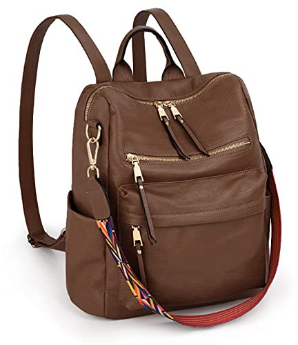 UTO Damen Rucksack PU Leder Modischer Multifunktionsrucksack mit farbigem Schultergurts Große Kapazität Schultertaschen Reißverschluss Rucksackhandtaschen für Reise Schule Arbeit Hellbraun