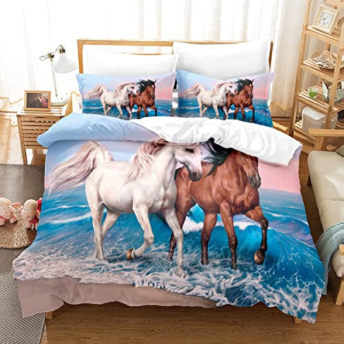 Tier Pferd Bettbezug Set 155x220 Grasland Wildpferd Muster Bettwäsche 3D Druck Bedding Bettwäsche Set 3 Teilig Hohe Dichte Mikrofaser Bettbezug 2 Kissenbezug 80x80cm mit Reißverschluss