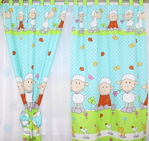 Kinderzimmer Vorhänge Gardinen 2er Set - Schaf Türkis - mit Schlaufen für Baby Kinder