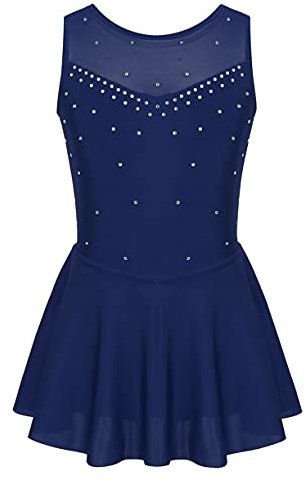 JEATHA Mädchen Glänzend Strass Eiskunstlauf Kleid Tanzkleid Ärmellos Ballettkleid Tüllkleid Rollschuh Sakter Kleider Ballett Trikot Tanzkleidung Dunkelblau A 170-176