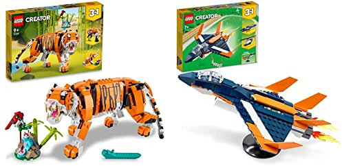 LEGO 31129 Creator Majestätischer Tiger, Panda oder Fisch, 3-in-1 Tierfiguren-Set, Spielzeug für Kinder, Konstruktionsspielzeug mit Tieren & 31126 Creator 3-in-1 Überschalljet, ab 7 Jahre