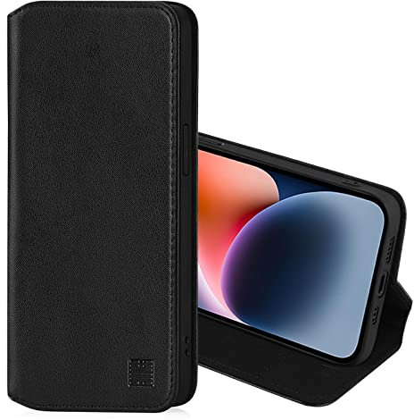 32nd Classic Series 2.0 - Real Leather Book Wallet Flip Case Cover For Apple iPhone 14 (6.1), Real Leather Design With Card Slot, Magnetic Closure and Built In Stand - Black