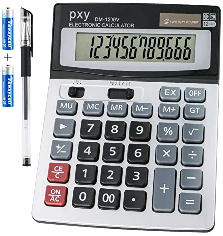 Desk Calculator 12 Digit Extra Large LCD Display, Touch Comfortable with Big Buttons, PXY Two Way Power Battery and Solar Standard Function Office Calculators
