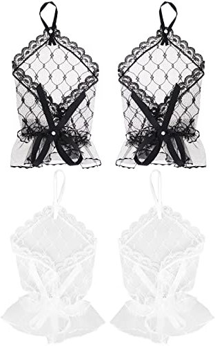 VGOL 2 Paar Damen Spitzenhandschuhe Kurz Fingerlos Handschuhe Abendhandschuhe für Braut Hochzeit Party Teeparty Abschlussball, 1 Paar Weiß Und 1 Paar Schwarz