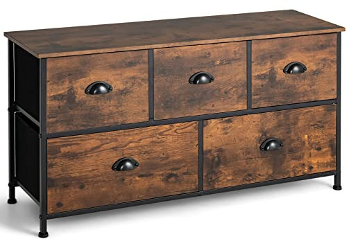 COSTWAY 5/6-Drawer Dresser, Fabric Chest of Drawers Storage Tower with Wooden Top & Front, Metal Frame Cabinet Organiser Unit for Bedroom, Living Room, Closet and Hallway (5 Drawers, Brown)