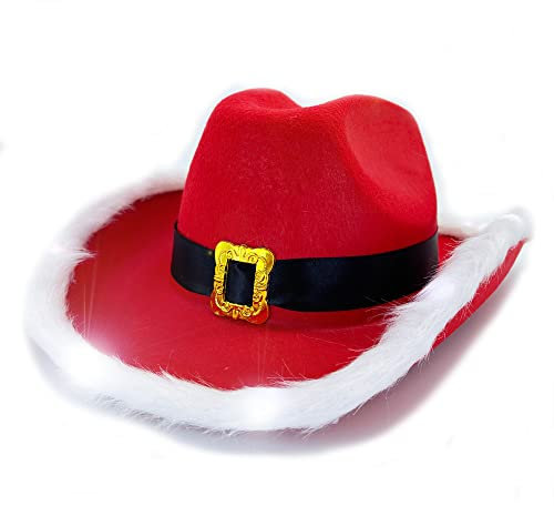 LED blinkender Weihnachts-Cowboy-Hut mit rotem Weihnachtsmann, Westernurlaub, beleuchteter Hut für Halloween-Kostüm, Zubehör, Requisiten, Cosplay, Urlaubsdekorationen