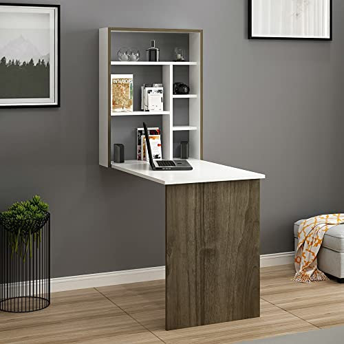 [en.casa] Schreibtisch Greve Wandklapptisch Weiß Walnuss-Optik Bürotisch Arbeitszimmer Wandtisch klappbar