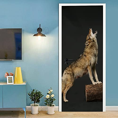 A.Monamour Türtapete Selbstklebend Türfolie Türposter 3D Heulender Wolf Vor Schwarzem Hintergrund Vinyl Folie Türdeko Tapete Wandbild Türaufkleber Türtattoo 77x200cm