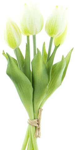 mucplants künstliche Tulpen ca. 26cm Tulpenbündel mit 3 Tulpen und 2 Tulpenknospen real Touch (Creme-weiß)