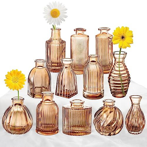 Lot de 12 Petits soliflores en Verre ambré, Modernes, nervurés, pour décoration de Vase à Fleurs en Vrac - Décoration Vintage bohème, Centre de Table de Mariage Rustique