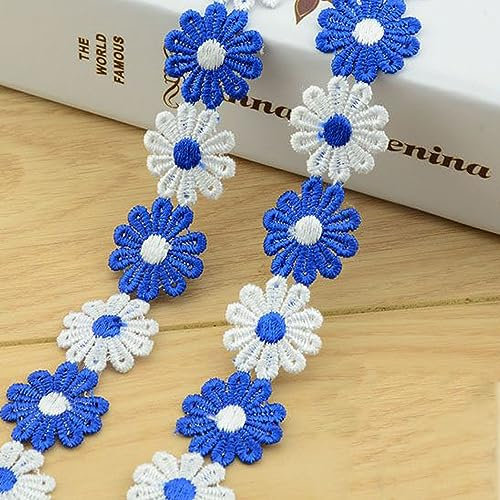 YIEUR 6.5 Meter Spitzenband Blumen bunte, 1 Strang blau Spitzenbordüre Tischdeko Geschenkband, 25mm Zierband Stickerei Spitzenborte, 7 Yard Vintage Band für Handwerk Nähen Deko (blau)