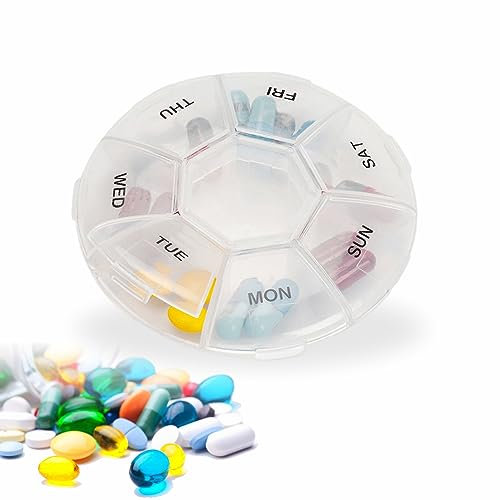 Weekly Pill Organiser 7 Day Tablet Box Round Medicine Storage Case for Travel, Daily Medication, Vitamins, Supplements, Cod Liver Oil - 8.5 X 4.5 X 8.5cm (1pc)