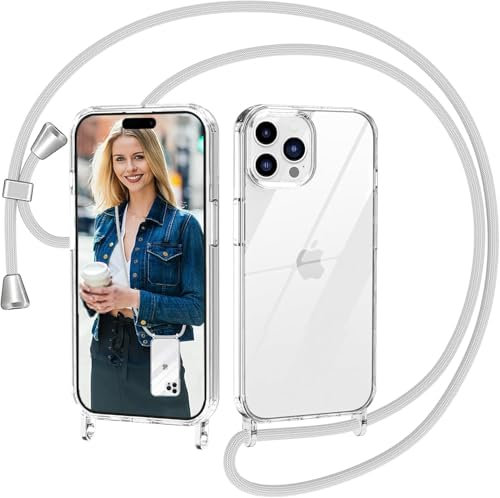 Nupcknn für Transparent iPhone 15 Pro Max Hülle mit Band, Dünn Handykette Handyhülle (Abnehmbar Einstellbar) Necklace mit Kordel zum Umhängen Kameraschutz Handy Kette Stossfest Schutzhülle(1.6M,Grau)