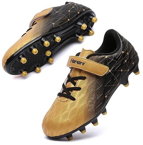 Boys Football Boots Shoes Kids Girls FG/AG Soccer Athletics Training Sport Running Shoes Profession Competition Teenager Indoor Outdoor Cleats Sneakers for Unisex Black Gold EU32 Convert 13UK Child